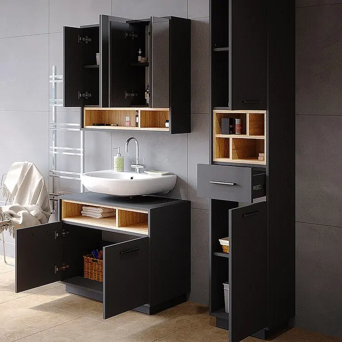 Vicco Badmöbel-Set Beatrice Anthrazit 3 Teile, mit Hochschrank - Gesamtbreite Badmöbel: 118 cm, Anthrazit, Matt - Schwarz-holzfarbenes Badezimmermöbel-Set mit Waschbecken und vielseitigen Stauraumlösungen.