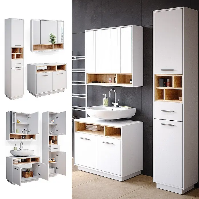 Vicco Badmöbel-Set Beatrice Weiß 3 Teile, mit Hochschrank - Gesamtbreite Badmöbel: 118 cm, Weiß, Matt - Weißes und holzfarbenes Badezimmermöbel-Set: Hochschrank, Waschtischunterschrank und Spiegelschrank.