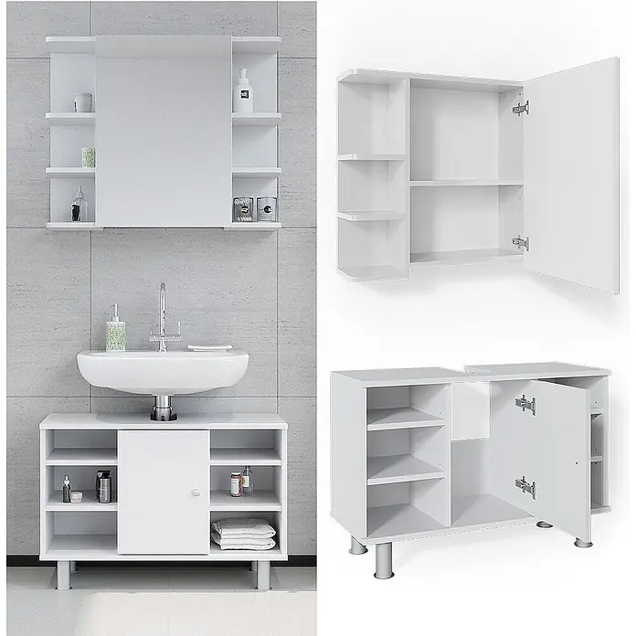 Vicco Badmöbel-Set Fynn Weiß 2 Teile, Unterschrank 80 cm - Gesamtbreite Badmöbel: 80 cm, Weiß, Matt - Weißes Badmöbel-Set mit Spiegelschrank und Waschbeckenunterschrank.