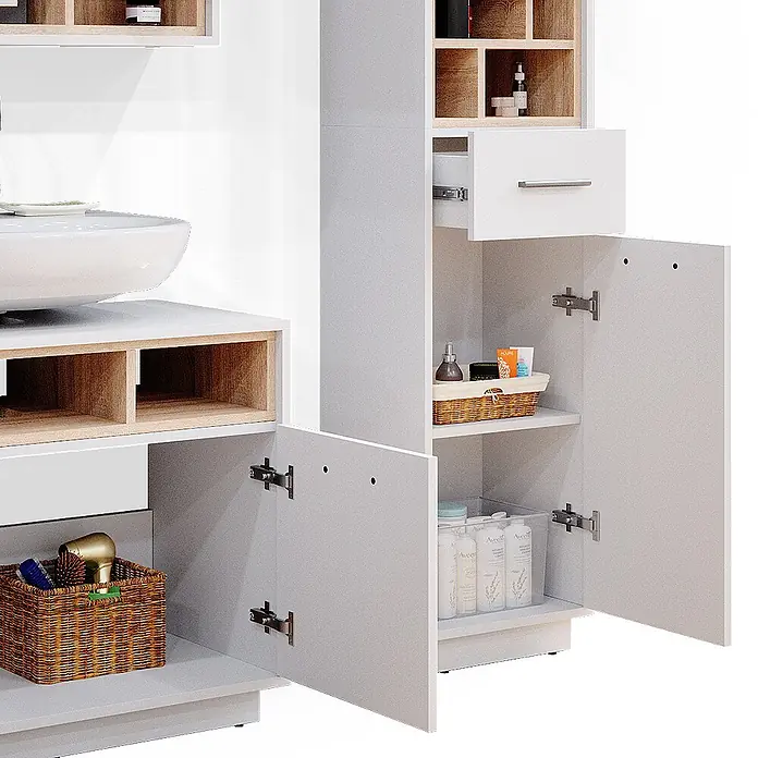 Vicco Badmöbel-Set Beatrice Weiß 3 Teile, mit Hochschrank - Gesamtbreite Badmöbel: 118 cm, Weiß, Matt - Weißer Badezimmerschrank mit Holzdetails, integriertem Waschbecken, Schubladen und Fächern für Badutensilien.