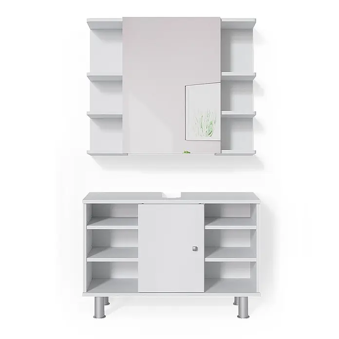Vicco Badmöbel-Set Fynn Weiß 2 Teile, Unterschrank 80 cm - Gesamtbreite Badmöbel: 80 cm, Weiß, Matt - Weißes Wandregal mit Schiebespiegel und passendem Unterschrank mit Schiebetür und Regalen, für das Bad.