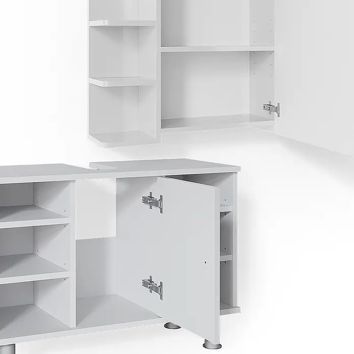 Vicco Badmöbel-Set Fynn Weiß 2 Teile, Unterschrank 80 cm - Gesamtbreite Badmöbel: 80 cm, Weiß, Matt - Weißes modulares Stauraummöbel mit offenen Regalen und Schranktüren, eine teilweise geöffnet mit sichtbaren Scharnieren.