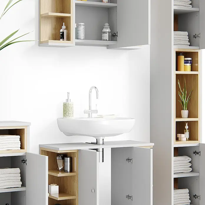 Vicco Badmöbel-Set Aquis Weiß 4 Teile - Gesamtbreite Badmöbel: 136,9 cm, Weiß, Matt - Badezimmer-Waschtischunterschrank mit integriertem Waschbecken und passenden modularen Hochschränken in Hellholz und Weiß.