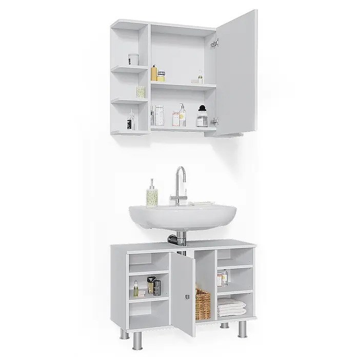Vicco Badmöbel-Set Fynn Weiß 2 Teile, Unterschrank 80 cm - Gesamtbreite Badmöbel: 80 cm, Weiß, Matt - Weißes Badezimmerschrank-Set mit Wandschrank, Schranktür, Waschbecken und Unterschrank.