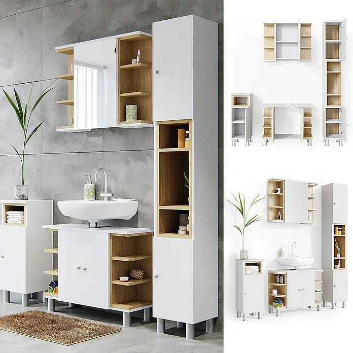 Vicco Badmöbel-Set Aquis Weiß 4 Teile - Gesamtbreite Badmöbel: 136,9 cm, Weiß, Matt - Modernes weißes & holzfarbenes Badezimmermöbelset mit Spiegelschrank, Hochschrank, Waschtischunterschrank und Beistellschrank.