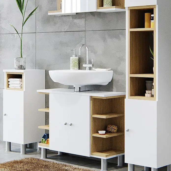 Vicco Badmöbel-Set Aquis Weiß 4 Teile - Gesamtbreite Badmöbel: 136,9 cm, Weiß, Matt - Modernes Badezimmermöbelset in Weiß und hellem Holz mit weißem Waschbecken, bietet stilvollen Stauraum.