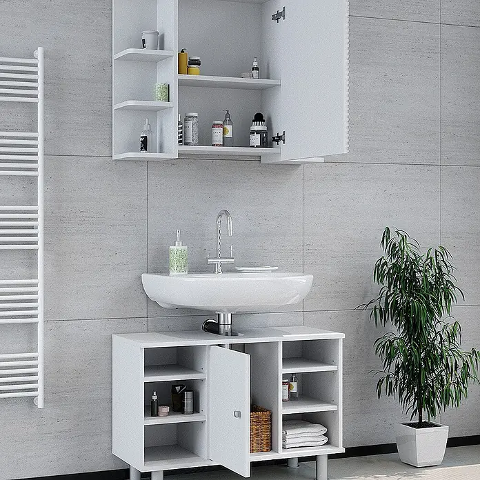 Vicco Badmöbel-Set Fynn Weiß 2 Teile, Unterschrank 80 cm - Gesamtbreite Badmöbel: 80 cm, Weiß, Matt - Weißes Badmöbel-Set mit Spiegelschrank zur Wandmontage und stehendem Waschbeckenunterschrank für viel Stauraum.