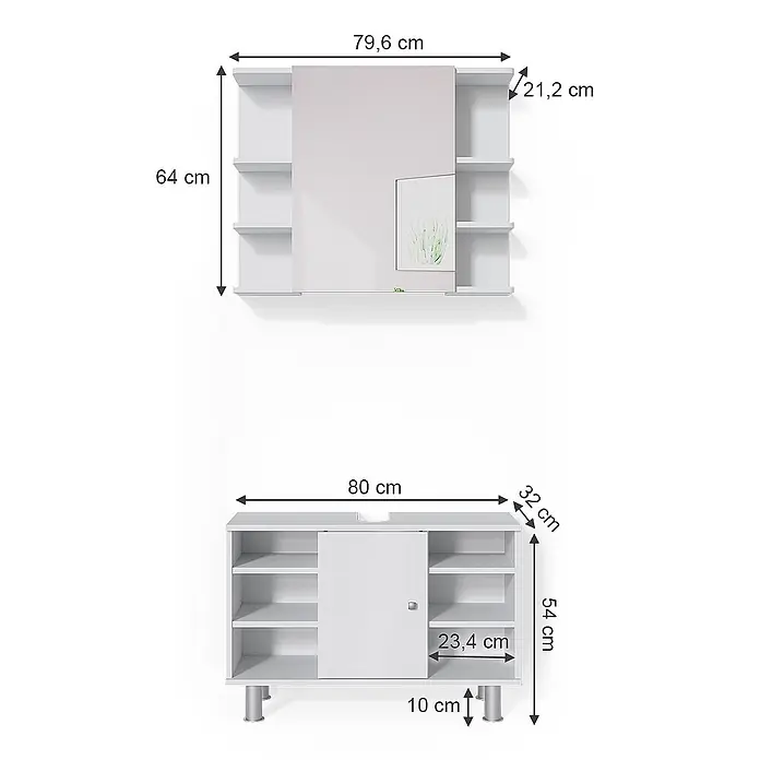 Vicco Badmöbel-Set Fynn Weiß 2 Teile, Unterschrank 80 cm - Gesamtbreite Badmöbel: 80 cm, Weiß, Matt - Weißes Wandregal mit Schiebespiegel/Ablagen und passender Bodenschrank mit Schiebetür/Regalen.