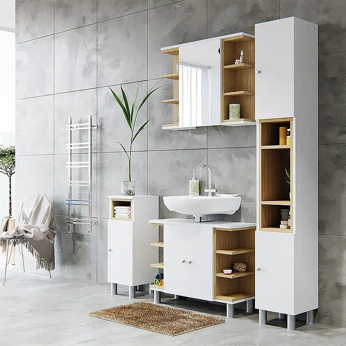 Vicco Badmöbel-Set Aquis Weiß 4 Teile - Gesamtbreite Badmöbel: 136,9 cm, Weiß, Matt - Weißes Badmöbelset mit Holzdetails, bestehend aus Waschtisch, Spiegelschrank und Stauraumschränken.