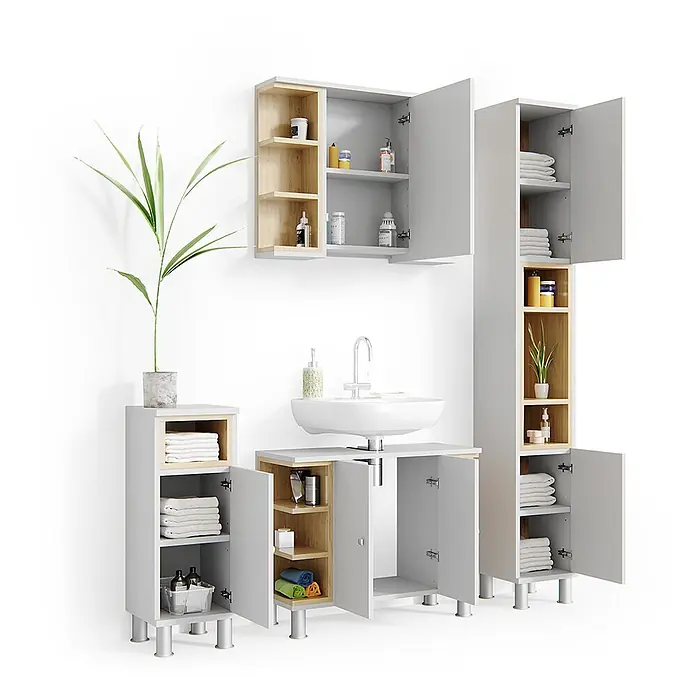 Vicco Badmöbel-Set Aquis Weiß 4 Teile - Gesamtbreite Badmöbel: 136,9 cm, Weiß, Matt - Modulares Badmöbel-Set in Hellgrau und Holz mit integriertem Waschbecken, bietet vielseitigen Stauraum.