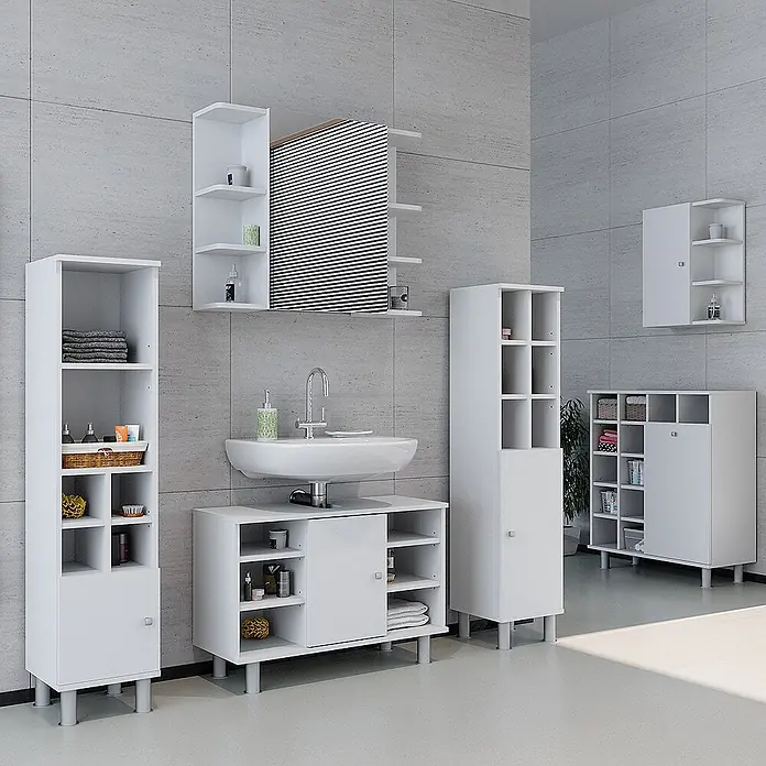 Vicco Badmöbel-Set Fynn Weiß 2 Teile, Unterschrank 80 cm - Gesamtbreite Badmöbel: 80 cm, Weiß, Matt - Weißes Badmöbel-Set mit Schränken, Regalen und einem Waschtisch.