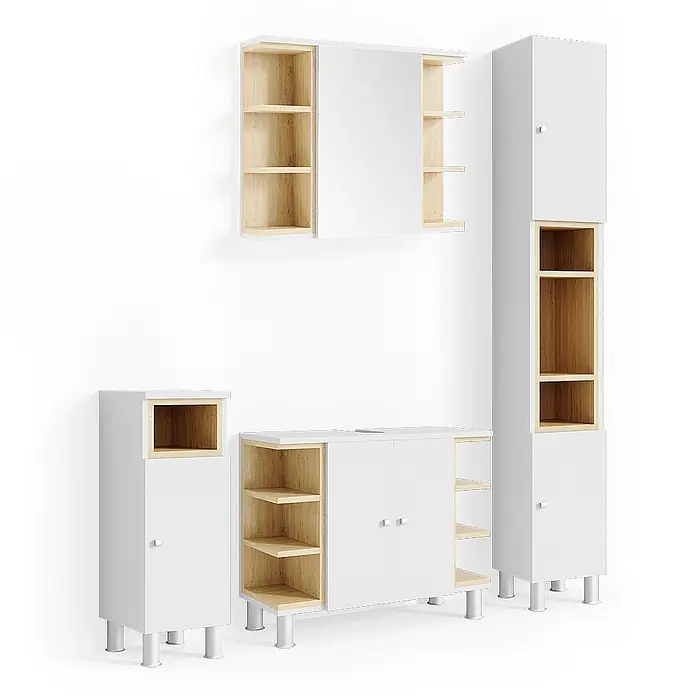 Vicco Badmöbel-Set Aquis Weiß 4 Teile - Gesamtbreite Badmöbel: 136,9 cm, Weiß, Matt - Weißes, modulares Badezimmermöbelset mit hellen Holzregalen und Spiegel. Enthält hohe, niedrige und wandmontierte Schränke.