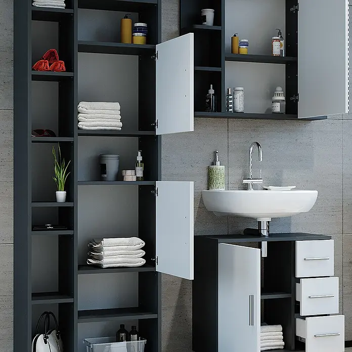 Vicco Badmöbel-Set Ilias Anthrazit 3 Teile, mit Unterschrank 60 cm - Gesamtbreite Badmöbel: 120 cm, Anthrazit, Matt - Modernes Badezimmermöbel-Set in Dunkelgrau und Weiß mit hohem Schrank und Waschtischunterschrank mit Spüle und Schubladen.