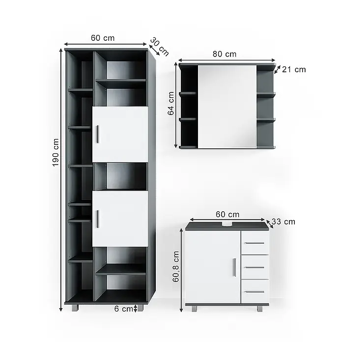 Vicco Badmöbel-Set Ilias Anthrazit 3 Teile, mit Unterschrank 60 cm - Gesamtbreite Badmöbel: 120 cm, Anthrazit, Matt - Ein modulares Möbelset in Dunkelgrau und Weiß, bestehend aus einem hohen Regal, einem wandmontierten Spiegelschrank und einem niedrigen Schrank mit Schubladen.