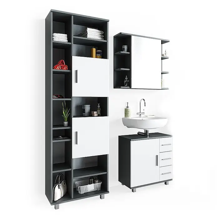 Vicco Badmöbel-Set Ilias Anthrazit 3 Teile, mit Unterschrank 60 cm - Gesamtbreite Badmöbel: 120 cm, Anthrazit, Matt - Dunkelgraues und weißes Badmöbel-Set mit Hochschrank, Spiegelschrank und Waschbeckenunterschrank.
