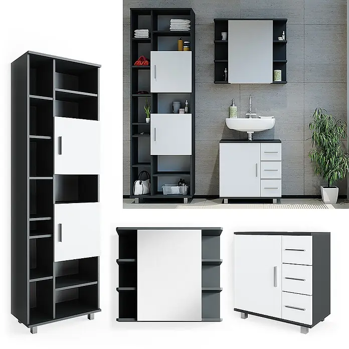 Vicco Badmöbel-Set Ilias Anthrazit 3 Teile, mit Unterschrank 60 cm - Gesamtbreite Badmöbel: 120 cm, Anthrazit, Matt - Weiß-dunkelgraues modulares Badmöbelset mit hohem Regal, Waschtisch mit Waschbecken und Spiegelschrank.