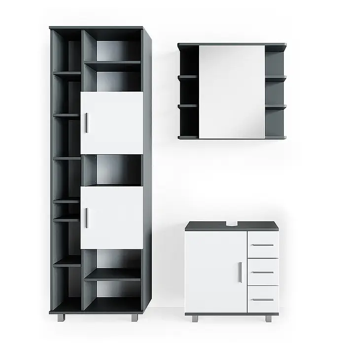 Vicco Badmöbel-Set Ilias Anthrazit 3 Teile, mit Unterschrank 60 cm - Gesamtbreite Badmöbel: 120 cm, Anthrazit, Matt - Modulares Badmöbelset in Dunkelgrau und Weiß: Hochschrank, Spiegelschrank und Waschtischunterschrank mit Aussparung und Schubladen.