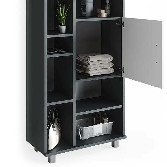 Vicco Badmöbel-Set Ilias Anthrazit 3 Teile, mit Unterschrank 60 cm - Gesamtbreite Badmöbel: 120 cm, Anthrazit, Matt - Anthrazitfarbener Aufbewahrungsschrank mit mehreren Fächern und offener Tür, der organisierte Gegenstände zeigt.