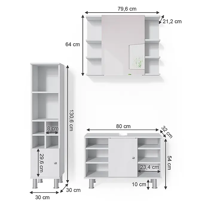 Vicco Badmöbel-Set Fynn Weiß 3 Teile, mit Midischrank Tür klein - Gesamtbreite Badmöbel: 110 cm, Weiß, Matt - Drei weiße modulare Möbelstücke: ein hohes Regal, ein Wandschrank mit Spiegel und ein Bodenschrank, alle mit Abmessungen.