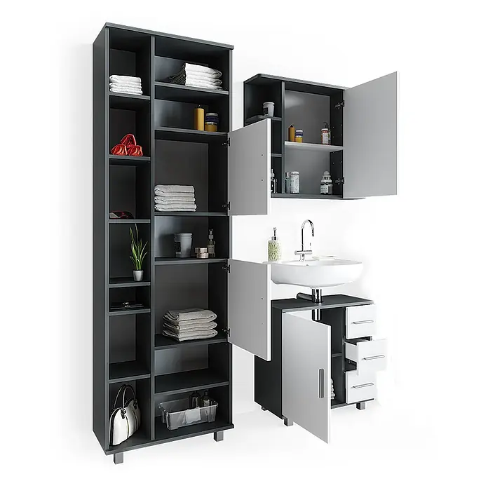 Vicco Badmöbel-Set Ilias Anthrazit 3 Teile, mit Unterschrank 60 cm - Gesamtbreite Badmöbel: 120 cm, Anthrazit, Matt - Modulare dunkelgraue Badezimmermöbelgarnitur mit weißen Türen/Schubladen, offenen Regalen und integriertem Waschbecken.