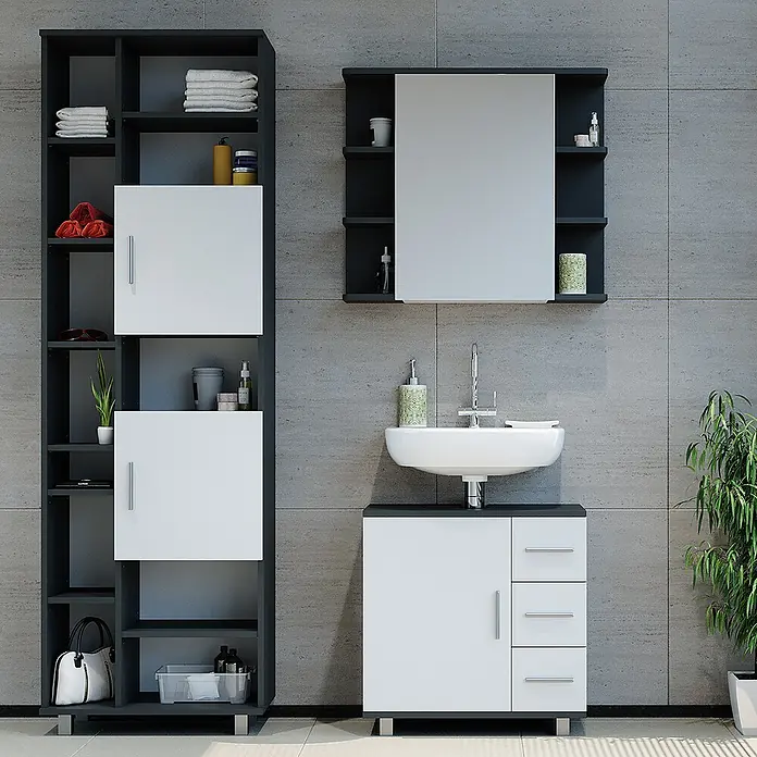 Vicco Badmöbel-Set Ilias Anthrazit 3 Teile, mit Unterschrank 60 cm - Gesamtbreite Badmöbel: 120 cm, Anthrazit, Matt - Modernes Badezimmermöbel-Set: hoher grau-weißer Schrank, grauer Spiegelschrank und weißer Waschtisch mit Waschbecken.