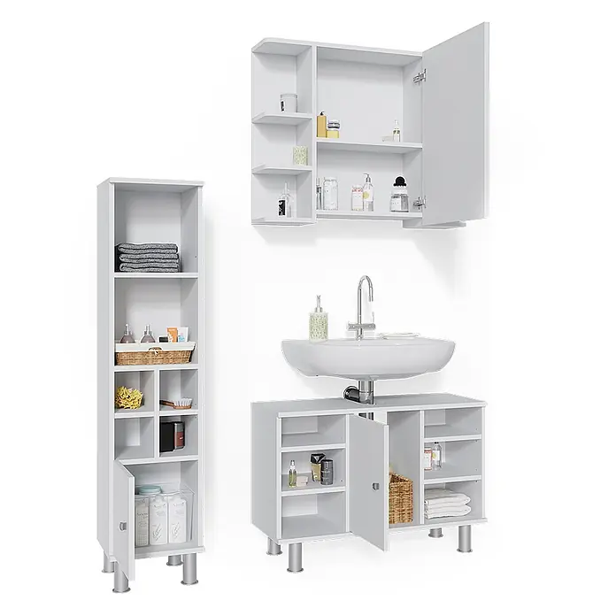 Vicco Badmöbel-Set Fynn Weiß 3 Teile, mit Midischrank Tür klein - Gesamtbreite Badmöbel: 110 cm, Weiß, Matt - Weißes Badmöbelset: Hochschrank, Spiegelschrank und Waschtischunterschrank mit offenen und geschlossenen Ablagen.