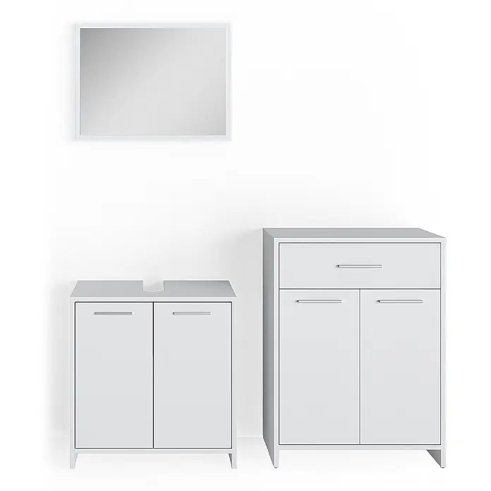 Vicco Badmöbel-Set Kiko Weiß 3 Teile, mit Midischrank - Gesamtbreite Badmöbel: 118 cm, Weiß, Matt - Weißer Badezimmerschrank mit zwei Türen, passender Hochschrank mit Schublade und zwei Türen, und ein rechteckiger Spiegel mit weißem Rahmen.