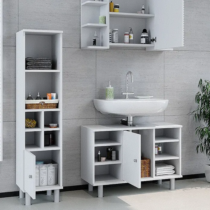 Vicco Badmöbel-Set Fynn Weiß 3 Teile, mit Midischrank Tür klein - Gesamtbreite Badmöbel: 110 cm, Weiß, Matt - Weißes Badmöbel-Set: Hochschrank mit offenen/geschlossenen Fächern, Wandschrank und Unterschrank für Toilettenartikel und Handtücher.