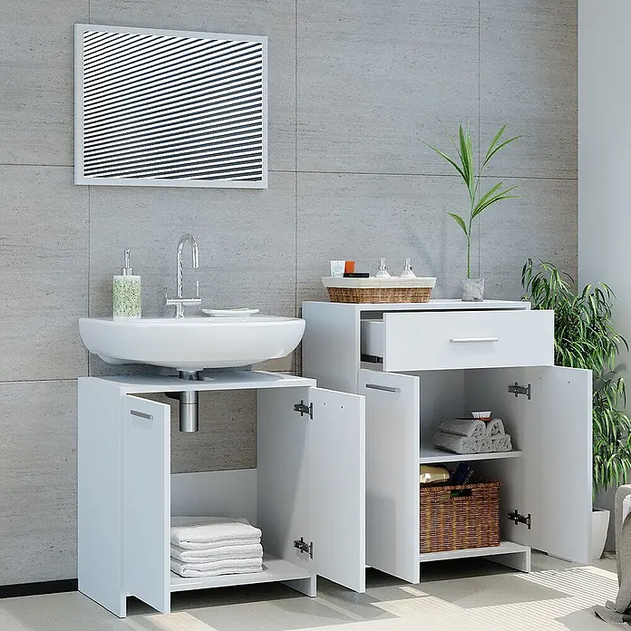 Vicco Badmöbel-Set Kiko Weiß 3 Teile, mit Midischrank - Gesamtbreite Badmöbel: 118 cm, Weiß, Matt - Weißer Badezimmerschrank mit Waschbecken und passendem Aufbewahrungsschrank, mit offenen Türen und Schublade.