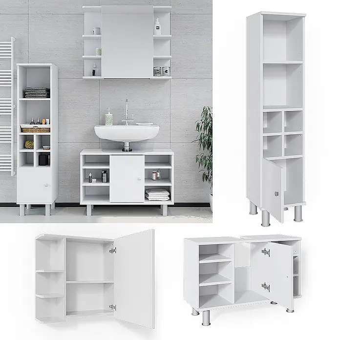 Vicco Badmöbel-Set Fynn Weiß 3 Teile, mit Midischrank Tür klein - Gesamtbreite Badmöbel: 110 cm, Weiß, Matt - Weißes Badmöbel-Set mit Spiegelschrank, Waschbeckenunterschrank und hohem Hochschrank.