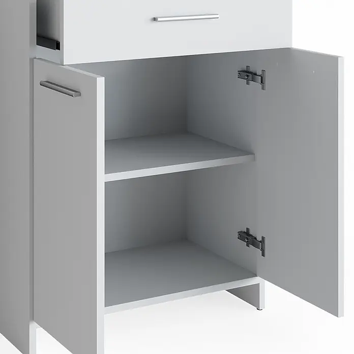 Vicco Badmöbel-Set Kiko Weiß 3 Teile, mit Midischrank - Gesamtbreite Badmöbel: 118 cm, Weiß, Matt - Weißer Schrank mit einer geöffneten Schublade, zwei offenen Türen und zwei Innenablagen, mit silbernen Griffen.