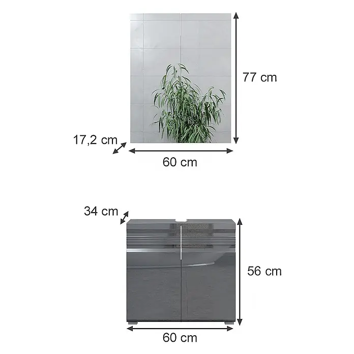 Vicco Badmöbel-Set Fredd Anthrazit Hochglanz 2 Teile - Gesamtbreite Badmöbel: 60 cm, Anthrazit Hochglanz, Matt - Glänzender, dunkelgrauer Zweitürer-Unterschrank mit geriffelter Oberflächenstruktur.