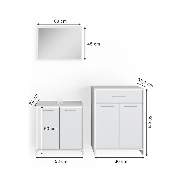 Vicco Badmöbel-Set Kiko Weiß 3 Teile, mit Midischrank - Gesamtbreite Badmöbel: 118 cm, Weiß, Matt - Weißes Badmöbelset: 60x45cm Spiegel, 58x60x33cm Waschtischunterschrank und 60x80x33.1cm Hochschrank.
