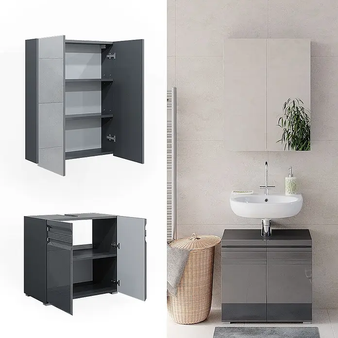 Vicco Badmöbel-Set Fredd Anthrazit Hochglanz 2 Teile - Gesamtbreite Badmöbel: 60 cm, Anthrazit Hochglanz, Matt - Dunkelgraues Badmöbelset mit hellgrauen Akzenten, bestehend aus einem Wandschrank und einem Waschtischunterschrank.