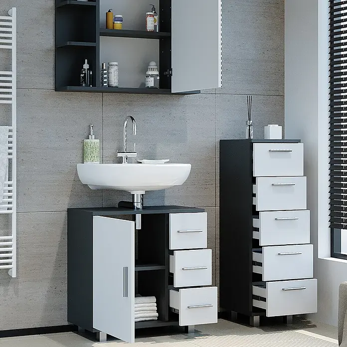 Vicco Badmöbel-Set Ilias Anthrazit 3 Teile, mit Midischrank - Gesamtbreite Badmöbel: 90 cm, Anthrazit, Matt - Modernes dunkelgrau-weißes Badmöbelset mit Waschtischunterschrank, hohem Schubladenschrank und Wandschrank.