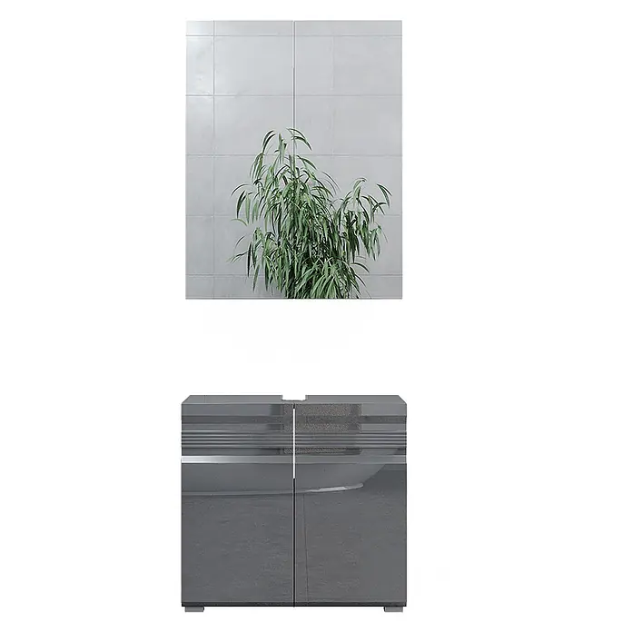 Vicco Badmöbel-Set Fredd Anthrazit Hochglanz 2 Teile - Gesamtbreite Badmöbel: 60 cm, Anthrazit Hochglanz, Matt - Anthrazitfarbenes Sideboard mit glänzenden Fronten und zwei Türen, verziert mit strukturierten horizontalen Streifen und silberfarbenen Akzenten.