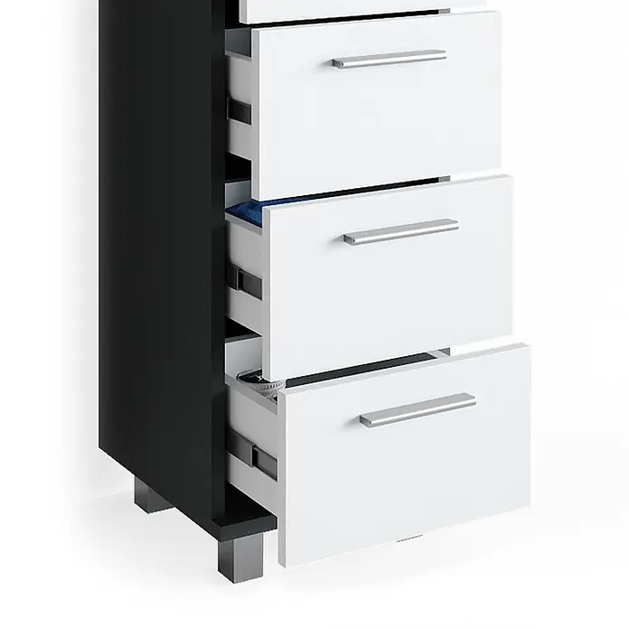 Vicco Badmöbel-Set Ilias Anthrazit 3 Teile, mit Midischrank - Gesamtbreite Badmöbel: 90 cm, Anthrazit, Matt - Schwarze Kommode mit weißen Fronten und silbernen Griffen, einige Schubladen leicht geöffnet.