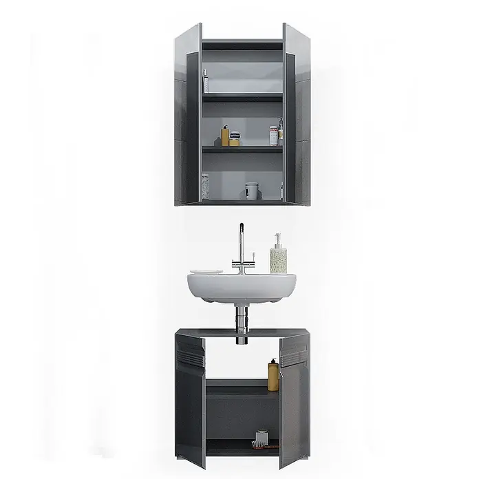 Vicco Badmöbel-Set Fredd Anthrazit Hochglanz 2 Teile - Gesamtbreite Badmöbel: 60 cm, Anthrazit Hochglanz, Matt - Glänzendes dunkelgraues modulares Badmöbelset mit offenem Wandschrank, Waschbecken und offenem Unterschrank.