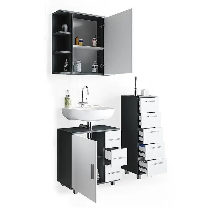 Vicco Badmöbel-Set Ilias Anthrazit 3 Teile, mit Midischrank - Gesamtbreite Badmöbel: 90 cm, Anthrazit, Matt - Modernes dunkelgraues und weißes Badmöbelset mit Wandschrank, Waschbeckenunterschrank und hohem Schubladenschrank.