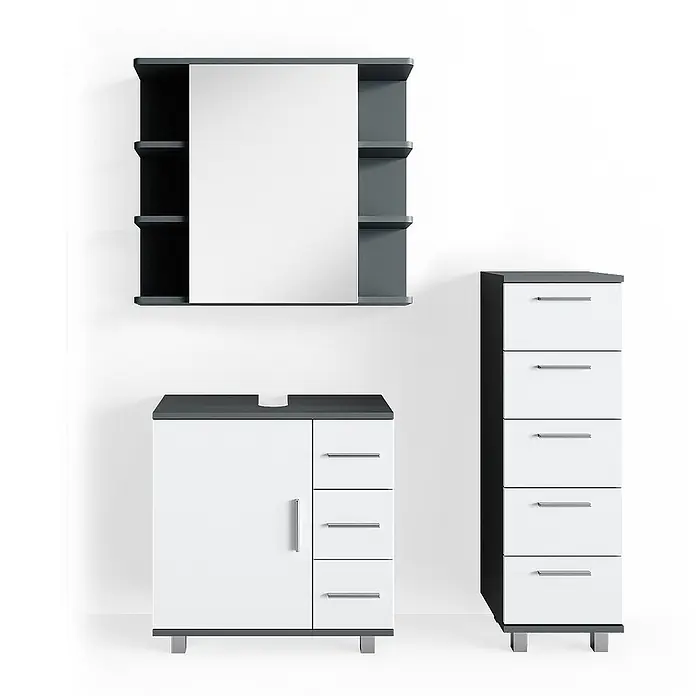 Vicco Badmöbel-Set Ilias Anthrazit 3 Teile, mit Midischrank - Gesamtbreite Badmöbel: 90 cm, Anthrazit, Matt - Badezimmermöbel-Set in Weiß und Dunkelgrau: Spiegelschrank, Waschtischunterschrank mit Tür und Schubladen sowie ein hoher Schubladenschrank.