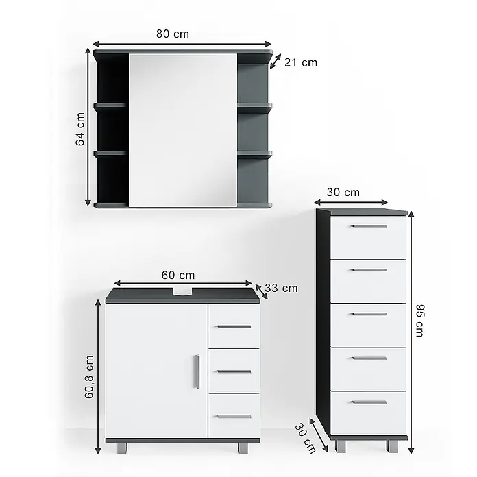 Vicco Badmöbel-Set Ilias Anthrazit 3 Teile, mit Midischrank - Gesamtbreite Badmöbel: 90 cm, Anthrazit, Matt - Badezimmermöbel-Set in Weiß und Anthrazit: Spiegelschrank, Waschtischunterschrank und hoher Schubladenschrank mit Maßen.