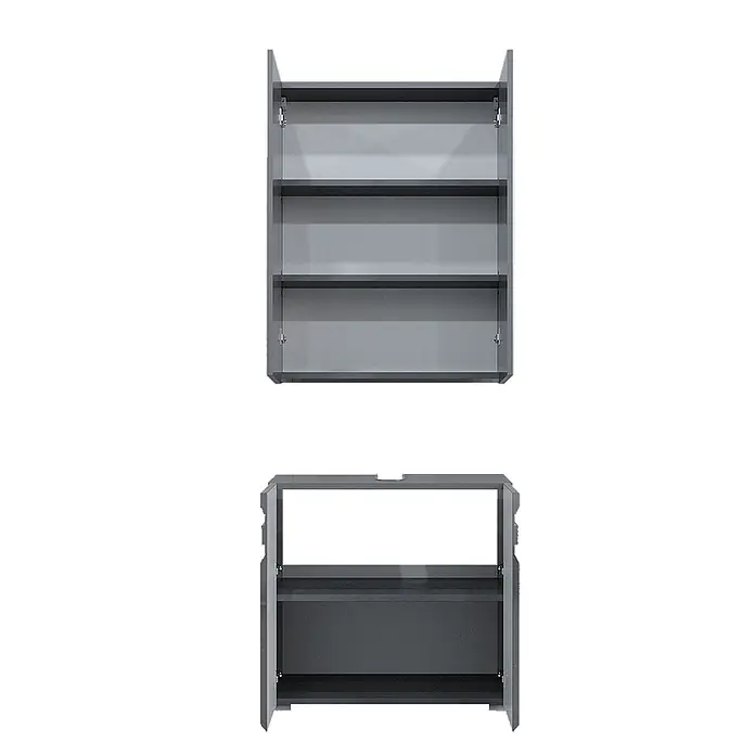 Vicco Badmöbel-Set Fredd Anthrazit Hochglanz 2 Teile - Gesamtbreite Badmöbel: 60 cm, Anthrazit Hochglanz, Matt - Graues zweiteiliges Schrankset mit offenen Regalen und sichtbaren Scharnieren. Enthält einen oberen Wandschrank und einen unteren Waschtischunterschrank mit Aussparung.