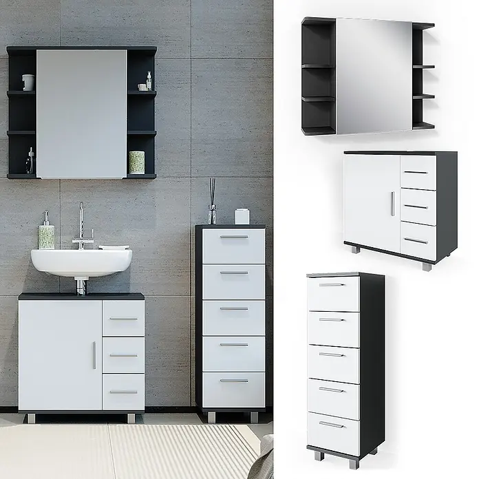 Vicco Badmöbel-Set Ilias Anthrazit 3 Teile, mit Midischrank - Gesamtbreite Badmöbel: 90 cm, Anthrazit, Matt - Schwarz-weißes modulares Badmöbelset: Spiegelschrank, Waschtischunterschrank und hoher Schubladenschrank für modernen Stauraum.