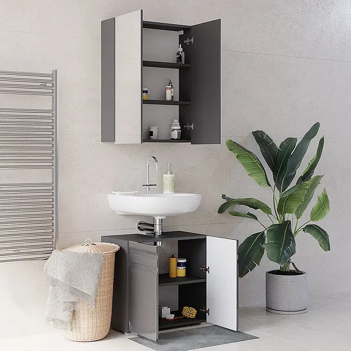 Vicco Badmöbel-Set Fredd Anthrazit Hochglanz 2 Teile - Gesamtbreite Badmöbel: 60 cm, Anthrazit Hochglanz, Matt - Moderner grau-weißer Badezimmerschrank mit Waschbecken und passendem Wandschrank.