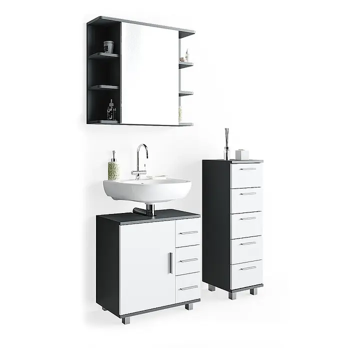 Vicco Badmöbel-Set Ilias Anthrazit 3 Teile, mit Midischrank - Gesamtbreite Badmöbel: 90 cm, Anthrazit, Matt - Modernes Badmöbelset in Dunkelgrau und Weiß, bestehend aus Waschtischunterschrank, Spiegelschrank und hohem Schubladenschrank.