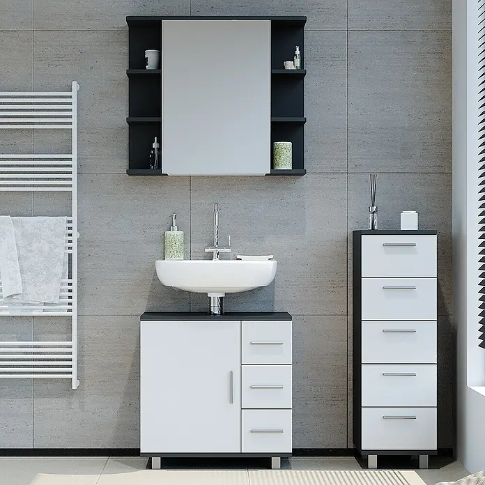 Vicco Badmöbel-Set Ilias Anthrazit 3 Teile, mit Midischrank - Gesamtbreite Badmöbel: 90 cm, Anthrazit, Matt - Modernes Badmöbelset: weißer Waschtischunterschrank mit Keramikwaschbecken, hoher Schubladenschrank und dunkler Spiegelschrank.