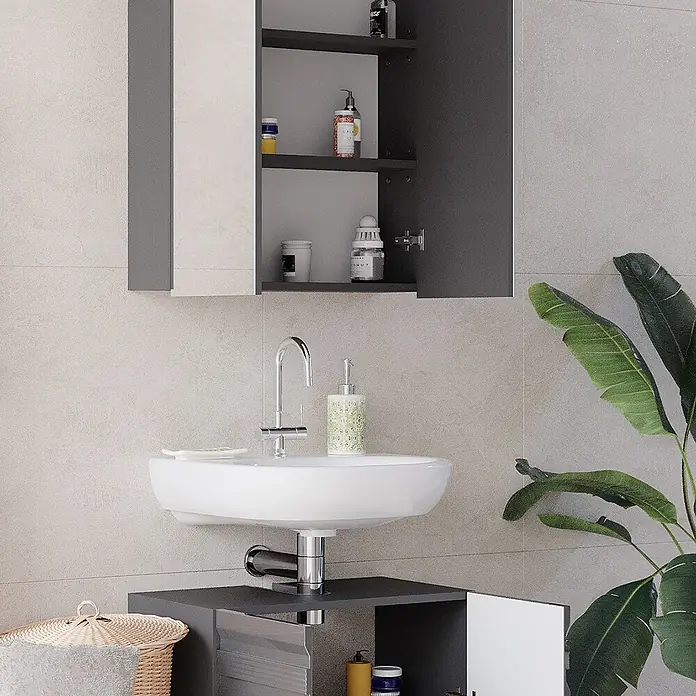 Vicco Badmöbel-Set Fredd Anthrazit Hochglanz 2 Teile - Gesamtbreite Badmöbel: 60 cm, Anthrazit Hochglanz, Matt - Ein modernes graues Badmöbel-Set mit integriertem Waschbecken und passendem offenen Wandschrank, der Toilettenartikel zeigt.