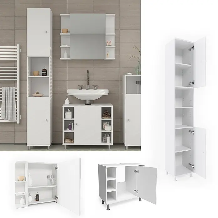 Vicco Badmöbel-Set Fynn Weiß 3 Teile, mit Hochschrank - Gesamtbreite Badmöbel: 90 cm, Weiß, Matt - Weißes Badmöbel-Set mit Hochschrank, Waschbeckenunterschrank und Spiegelschrank in einem modernen Bad.