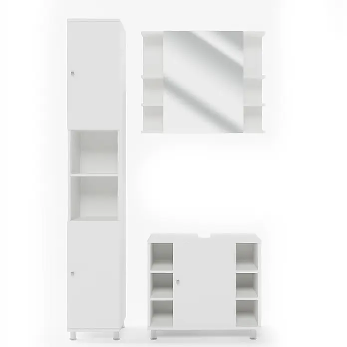 Vicco Badmöbel-Set Fynn Weiß 3 Teile, mit Hochschrank - Gesamtbreite Badmöbel: 90 cm, Weiß, Matt - Weißes Badmöbel-Set: Hochschrank, Spiegelschrank mit Seitenregalen und Unterschrank mit Regalen.