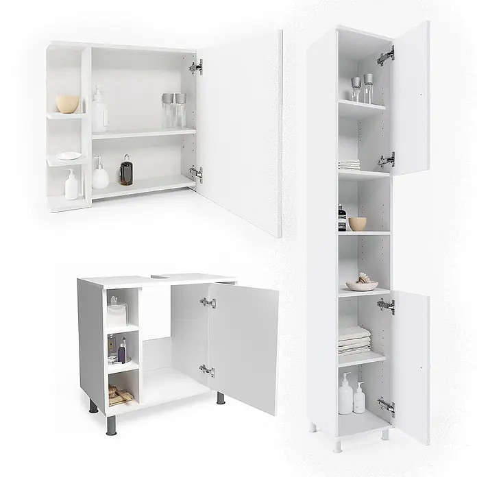 Vicco Badmöbel-Set Fynn Weiß 3 Teile, mit Hochschrank - Gesamtbreite Badmöbel: 90 cm, Weiß, Matt - Dreiteiliges Set weißer Badmöbel: Hängeschrank, Waschtischunterschrank und Hochschrank, alle mit Ablagen und Türen.